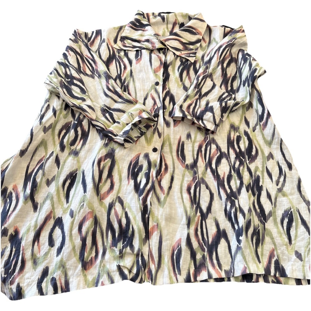 Itemz Chris Baumgartner Womens Button Down Linen Blouse Abstract Art To Wear OS